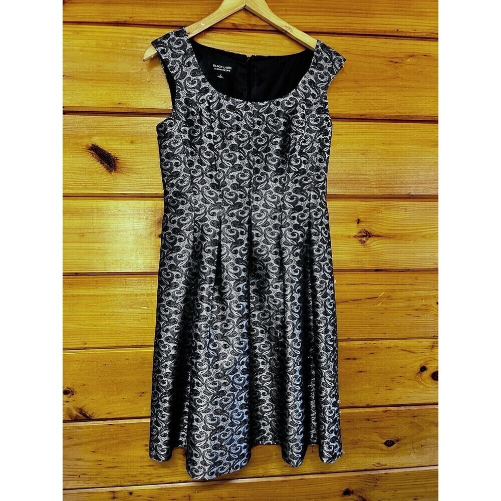 Evan Picone Black Label Paisley Cocktail Sheath Dress Size 4 Silver & Black